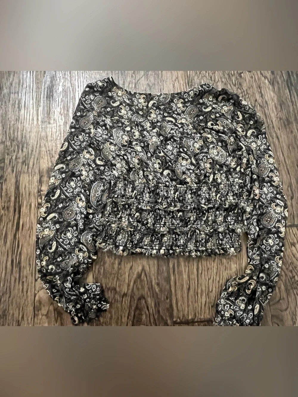 Free People Black Paisley Smocked Long-Sleeve Peasant Top